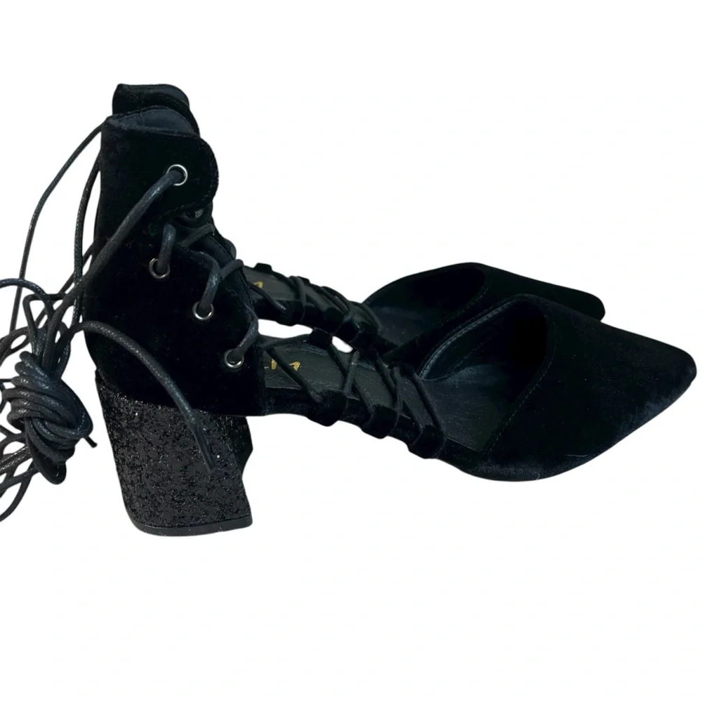 Mi.iM Black Velvet Block Glitter Heel Strappy Lace Up Shoes Pointed Toe Size 8.5